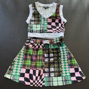 NWOT NGOrder Patchwork Green/Pink 2pc Set Checkered Plaid Punk Top Skirt Size 8